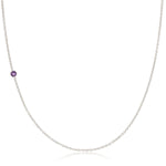 A white gold 14K Gold Asymmetrical Birthstone Necklace - Amethyst (February) on a white background. 