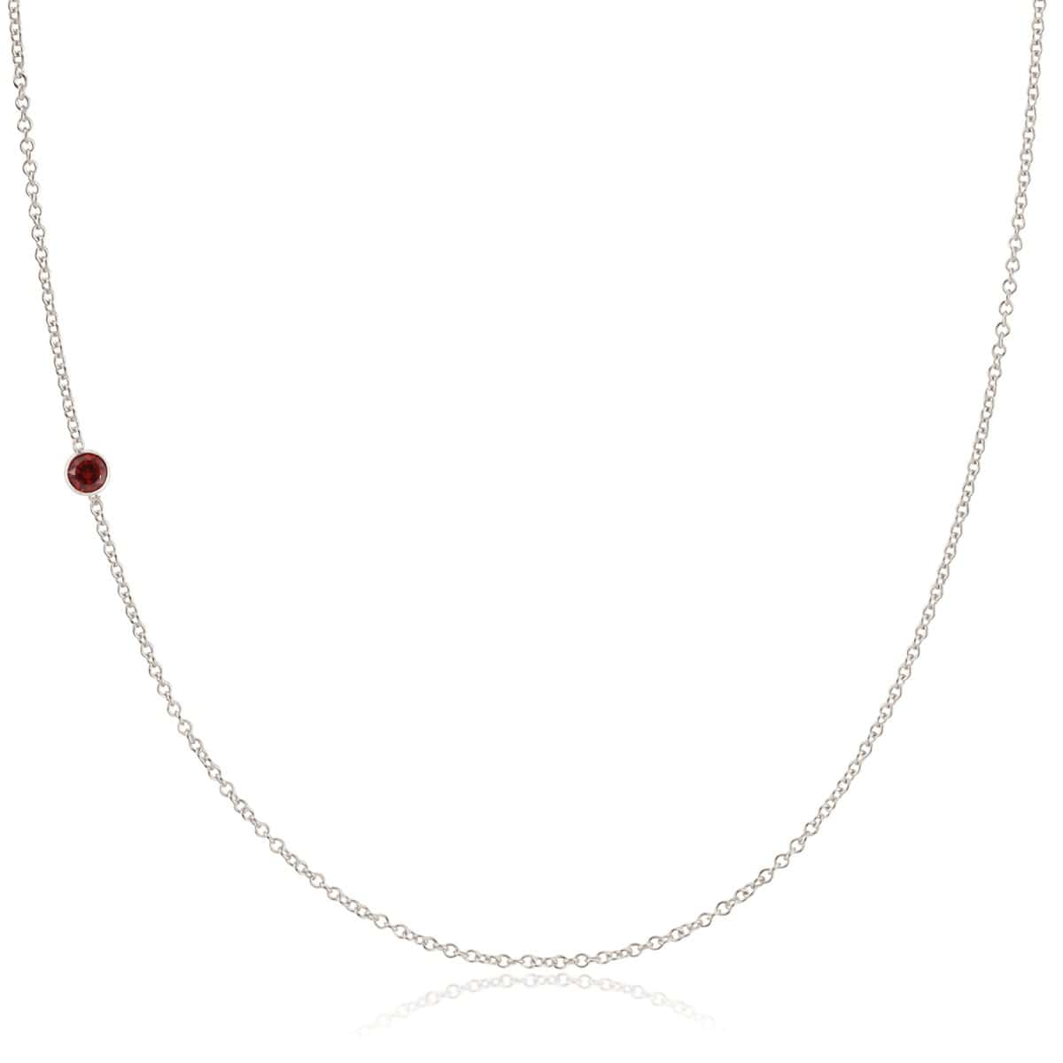 A white gold 14K Gold Asymmetrical Birthstone Necklace - Garnet (January) on a white background. 