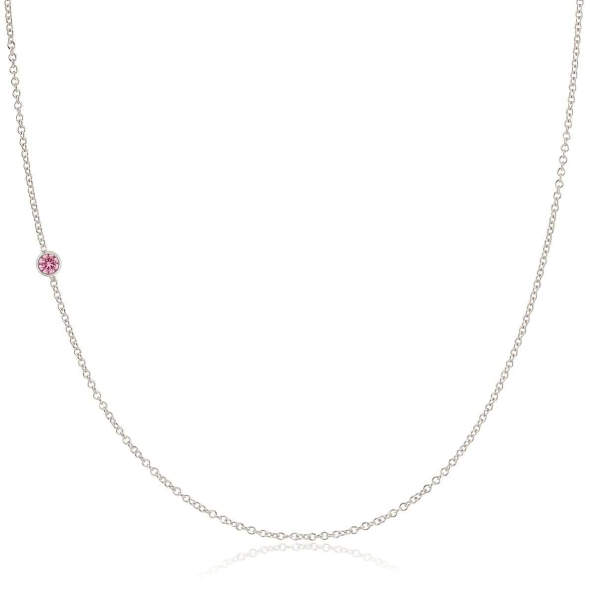 A white gold 14K Gold Asymmetrical Birthstone Necklace - Pink Tourmaline (October) on a white background. 