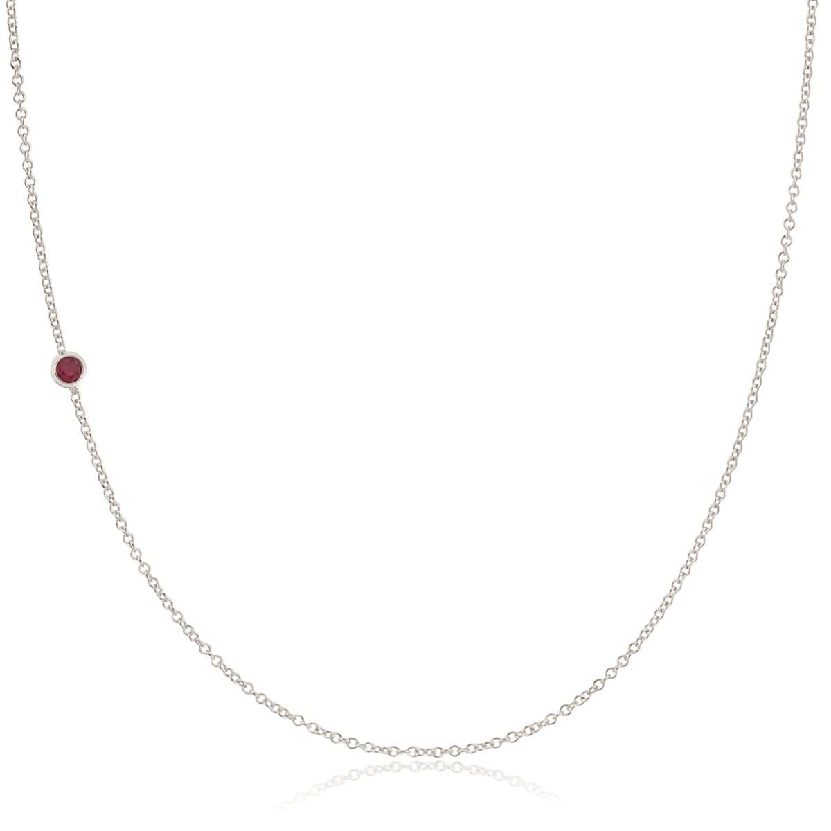 A white gold 14K Gold Asymmetrical Birthstone Necklace - Ruby (July) on a white background. 