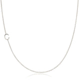 A white gold necklace with a C letter charm on a white background. 