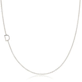 A white gold necklace with a D letter charm on a white background. 