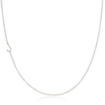 A white gold necklace with a J letter charm on a white background. 