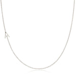A white gold necklace with a letter A charm on a white background. 