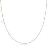 A white gold necklace with a V letter charm on a white background. 