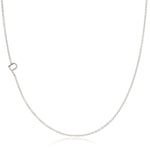 A white gold necklace with an P letter charm on a white background. 