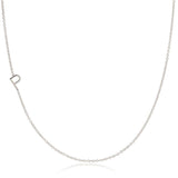 A white gold necklace with an P letter charm on a white background. 