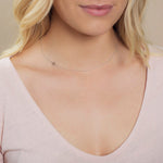 A close-up of a woman's neck wearing a white gold necklace with a letter W charm.