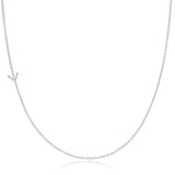 A white gold necklace with a Y letter charm on a white background. 