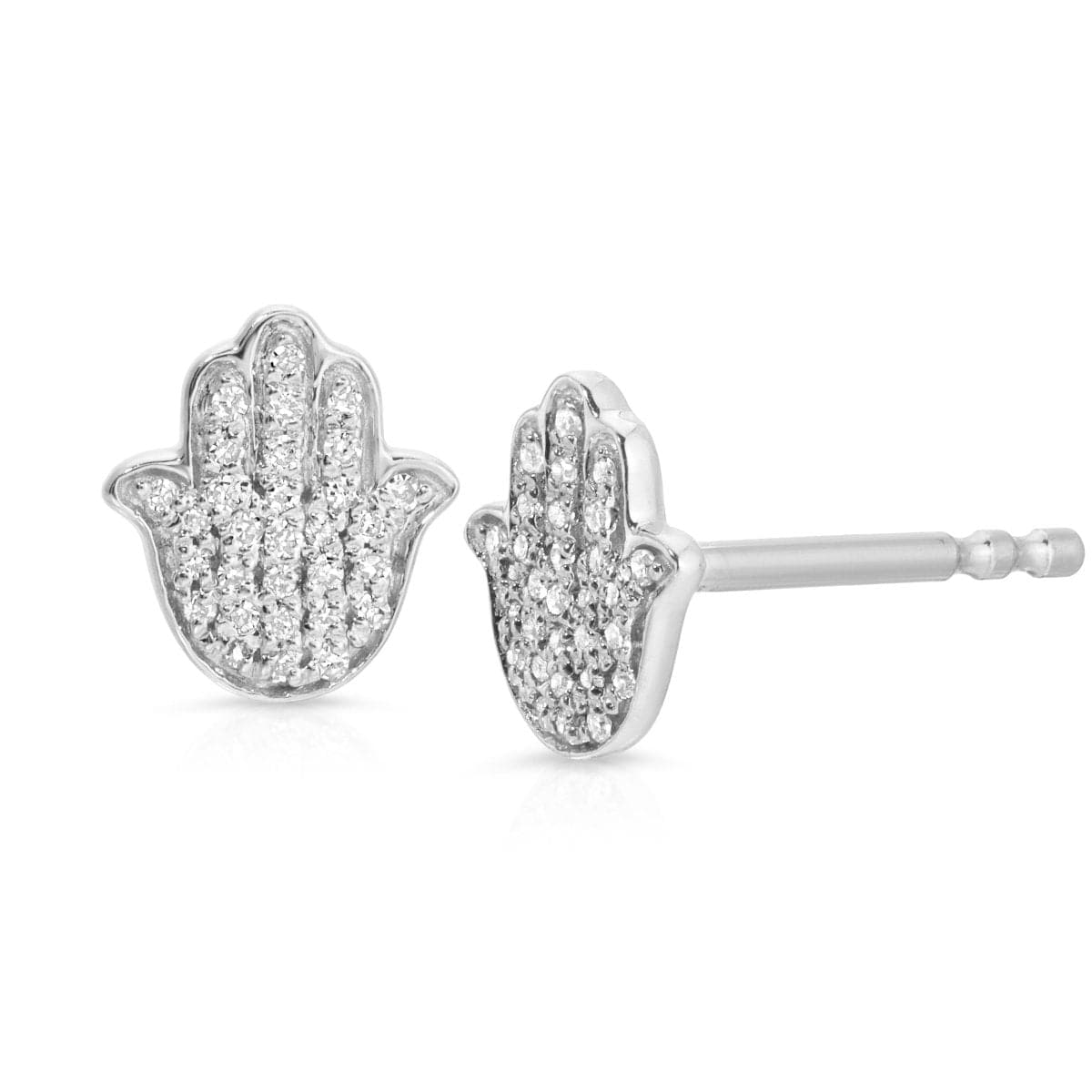 A pair of Pavé Charm Studs - Hamsa in white gold on a white background.