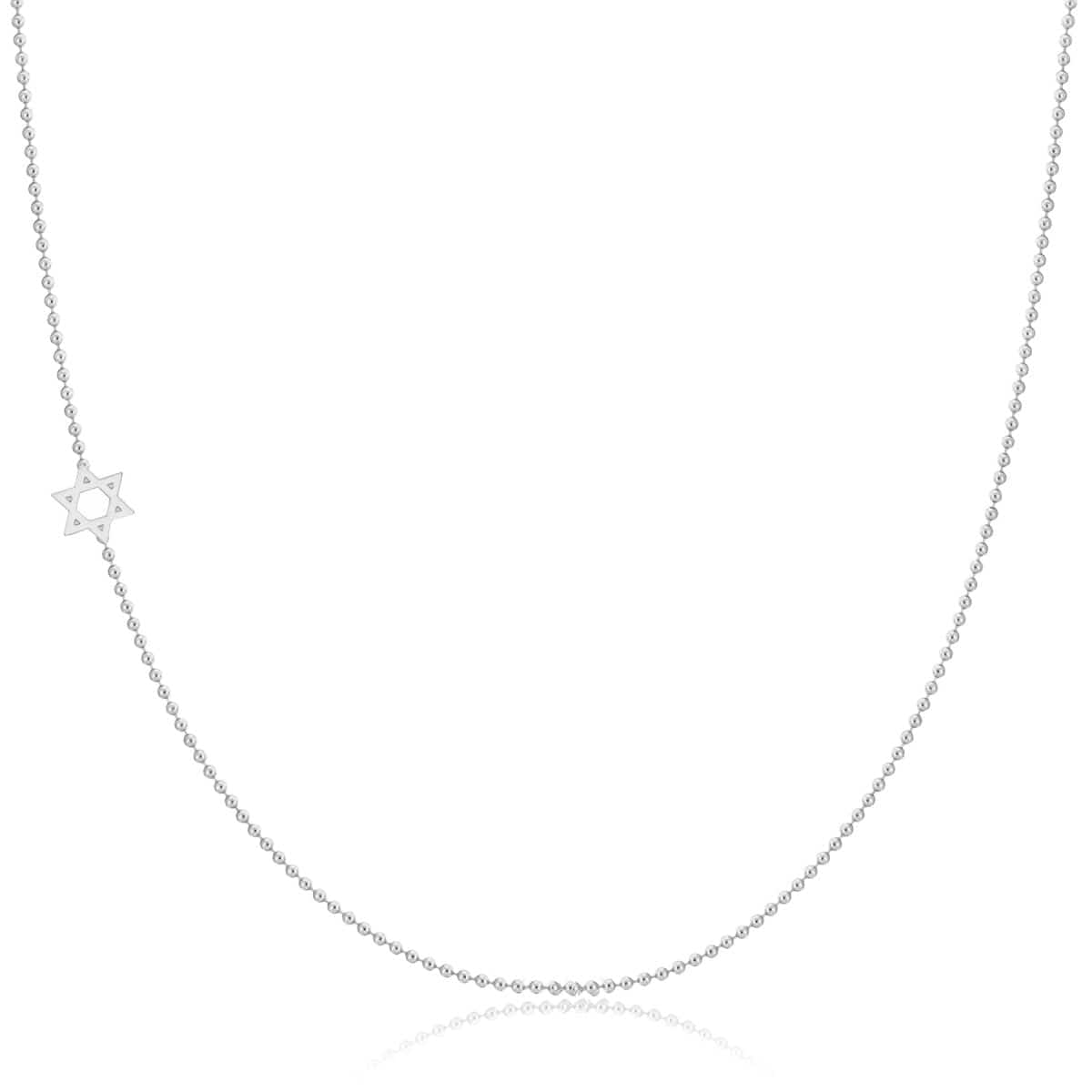 A white gold 14k Gold Asymmetrical Charm Necklace - Star of David with bead chain on a white background. 