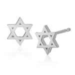A pair of Charm Studs - Star of David in white gold on a white background.