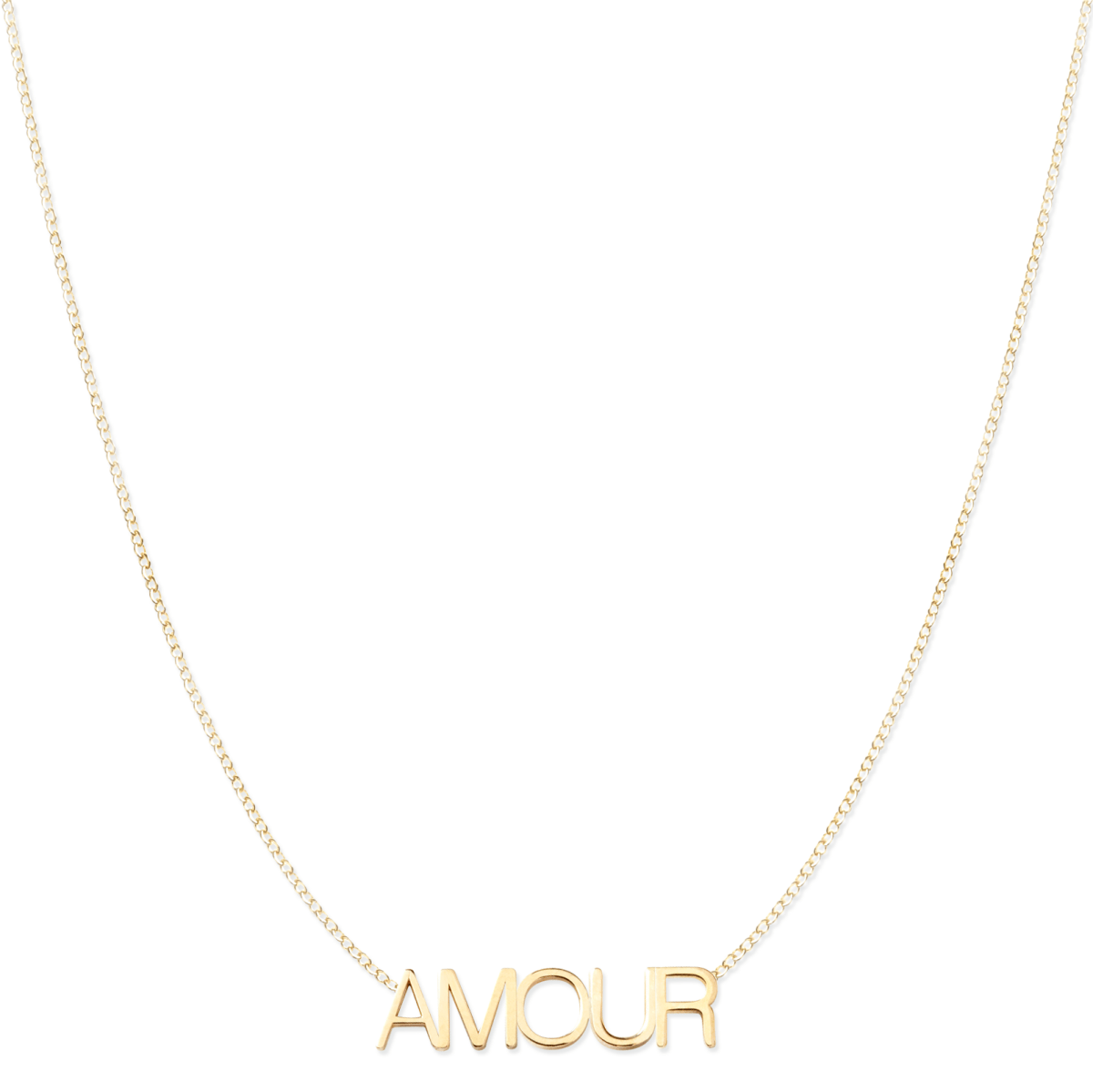 An AMOUR Necklace in yellow gold on a cable chain on a white background. 