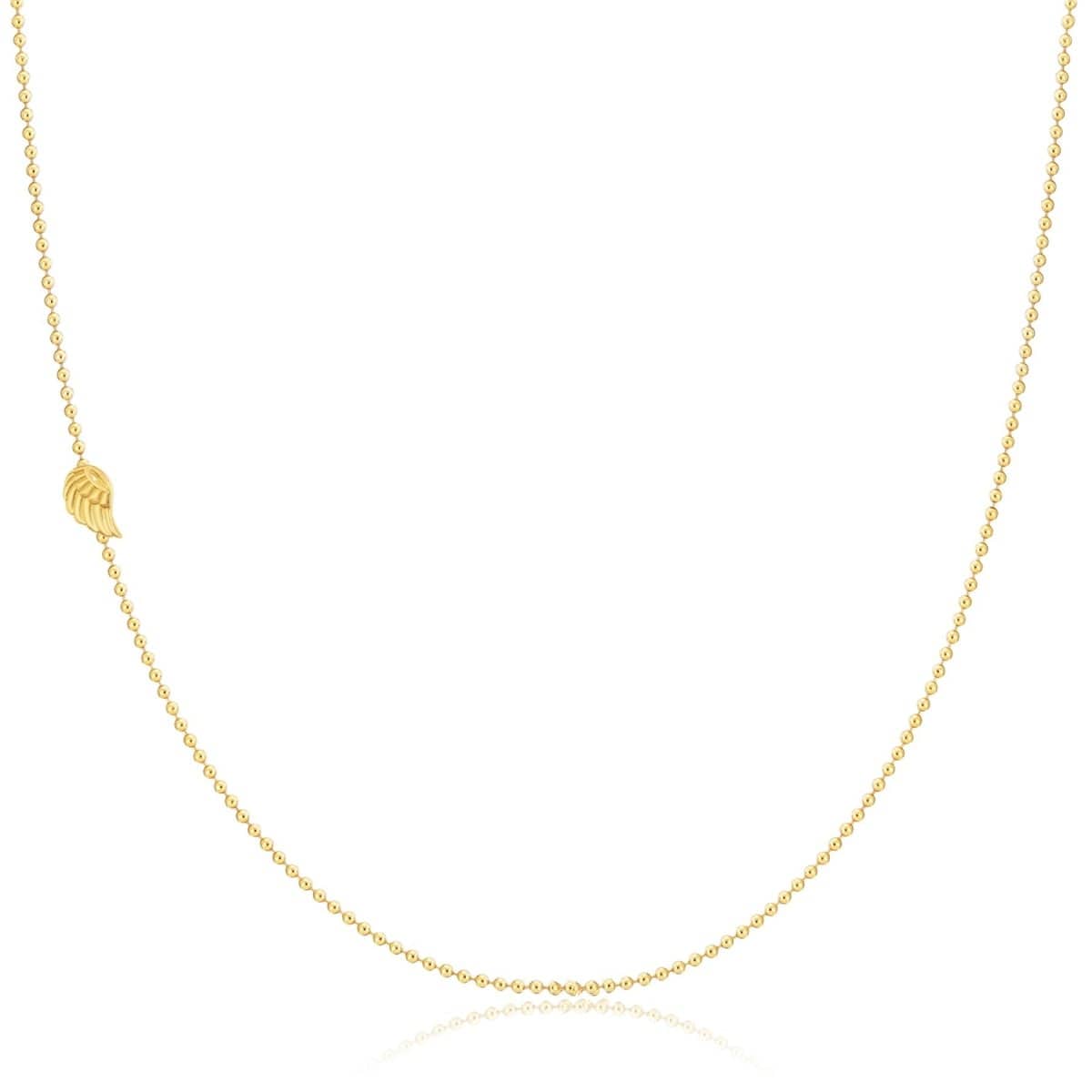 A yellow gold 14k Gold Asymmetrical Charm Necklace - Angel Wing with a bead chain on a white background. 