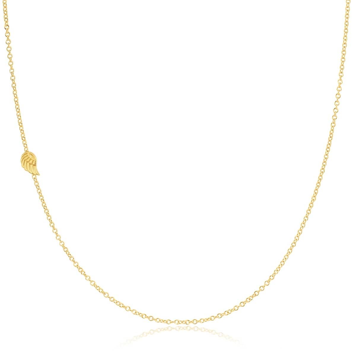 A yellow gold 14k Gold Asymmetrical Charm Necklace - Angel Wing with a cable chain on a white background. 
