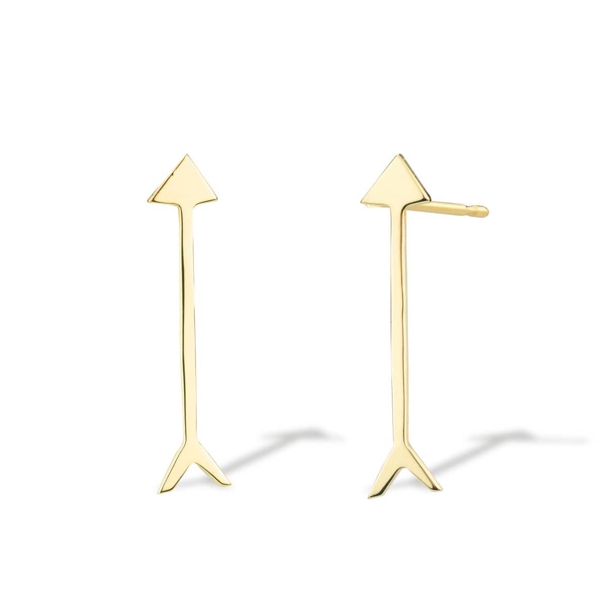 A pair of Straight as an Arrow Earrings in yellow gold on a white background. 