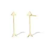 A pair of Straight as an Arrow Earrings in yellow gold on a white background. 
