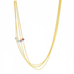 Four yellow gold 14K Gold Asymmetrical Birthstone Necklaces - Diamond (April), Aquamarine (March) and Tanzanite (December) and Garnet (January) on a white background. 