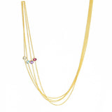 Four yellow gold 14K Gold Asymmetrical Birthstone Necklaces - Diamond (April), Aquamarine (March) and Tanzanite (December) and Garnet (January) on a white background. 