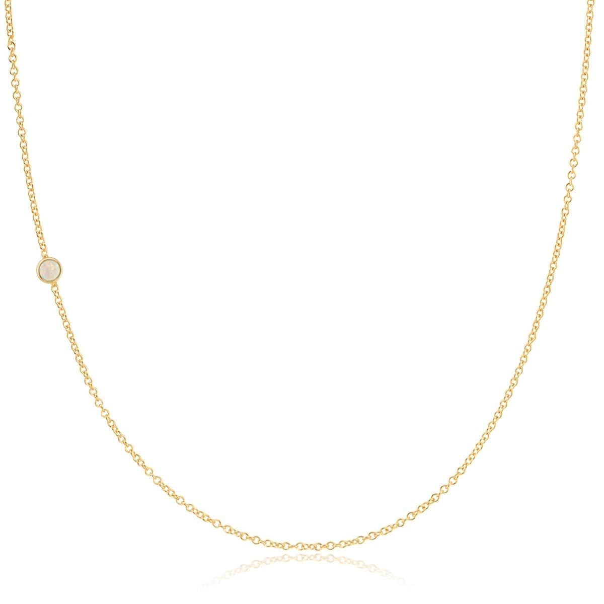 A yellow gold 14K Gold Asymmetrical Birthstone Necklace - Opal (October) on a white background. 