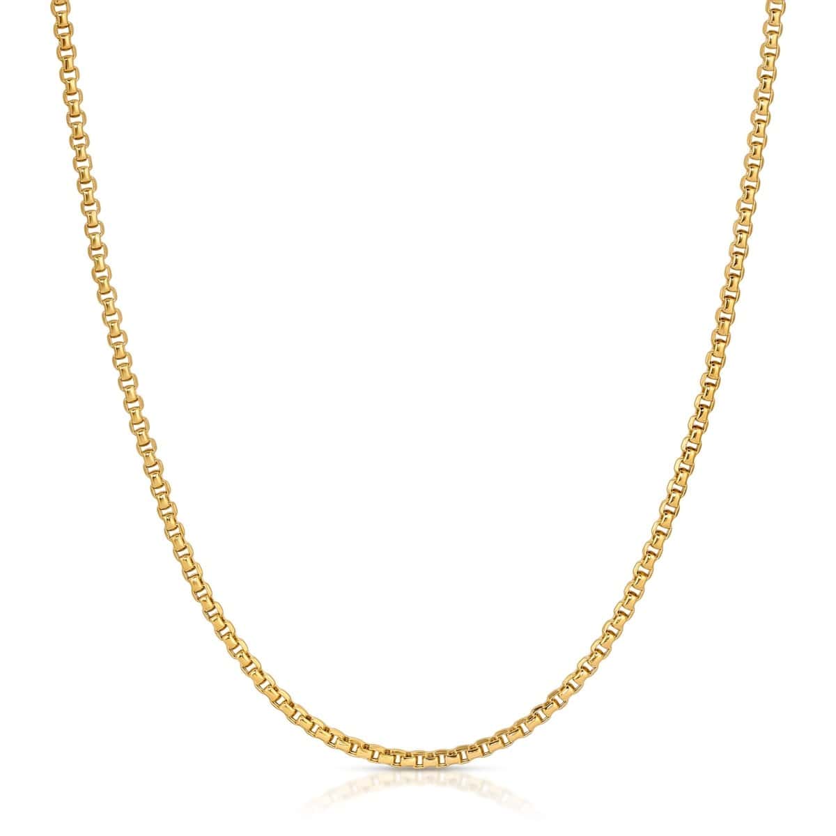 A Box Chain in yellow gold on a white background. 