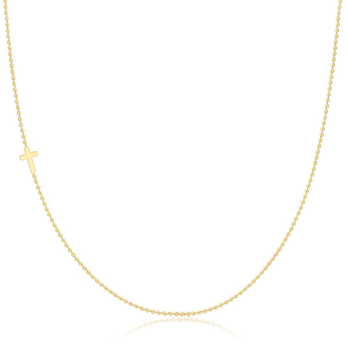 A yellow gold 14k Gold Asymmetrical Charm Necklace - Cross with a bead chain on a white background. 
