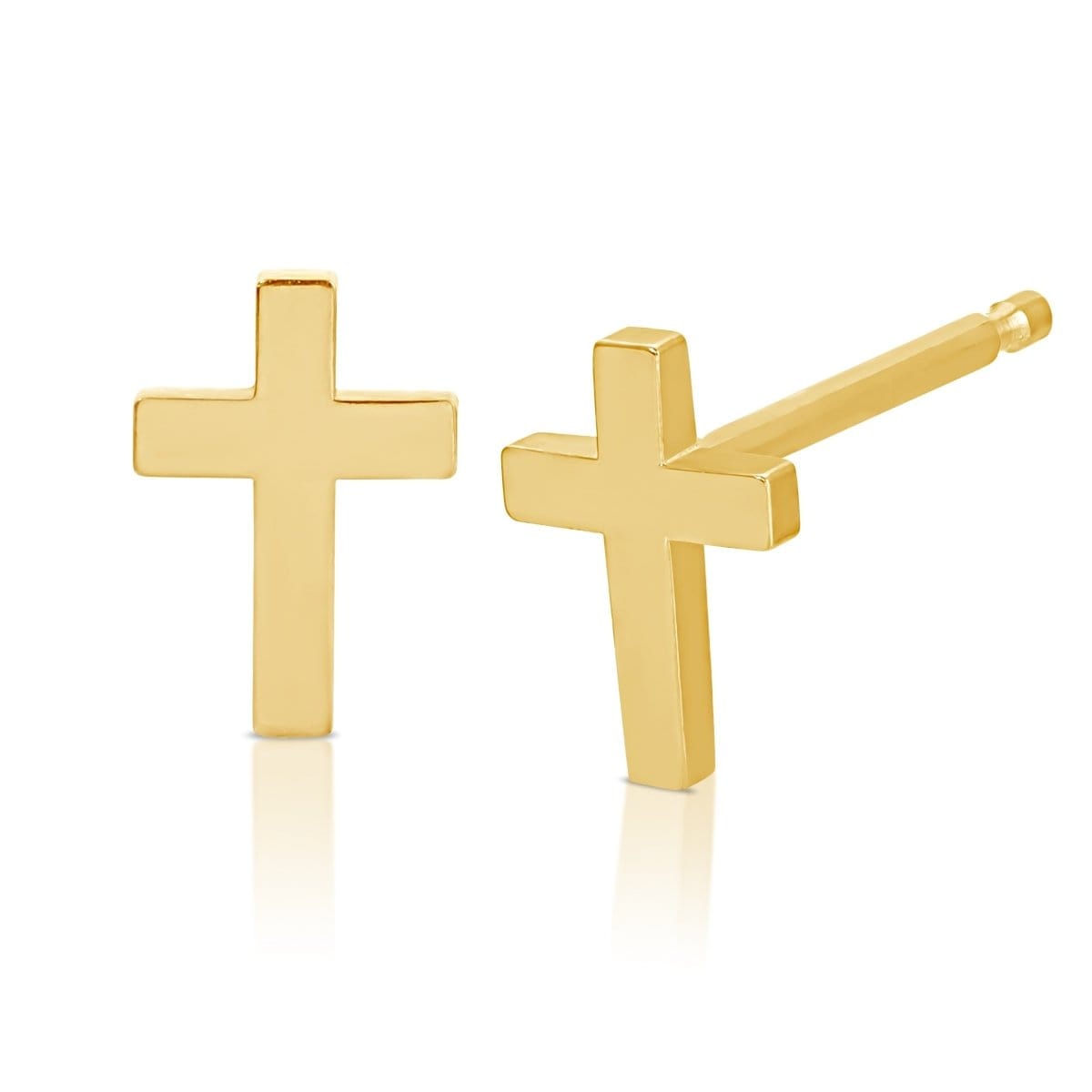 A pair of Charm Studs - Cross in yellow gold on a white background. 