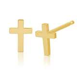 A pair of Charm Studs - Cross in yellow gold on a white background. 