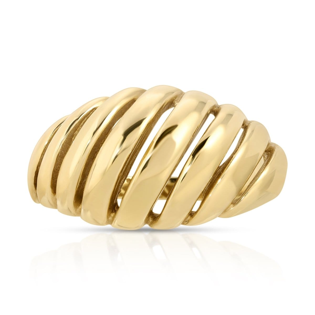 An Etched Paris Ring in yellow gold on a white background. 