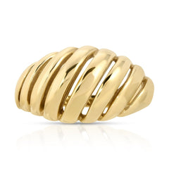 An Etched Paris Ring in yellow gold on a white background. 