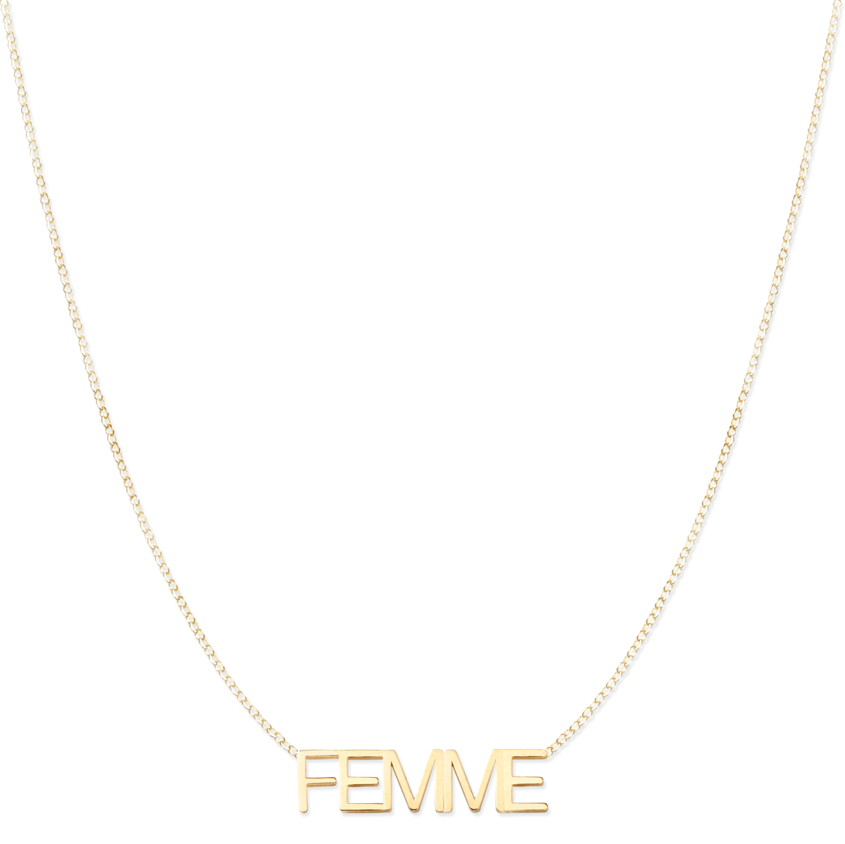 A FEMME Necklace on a white background. 
