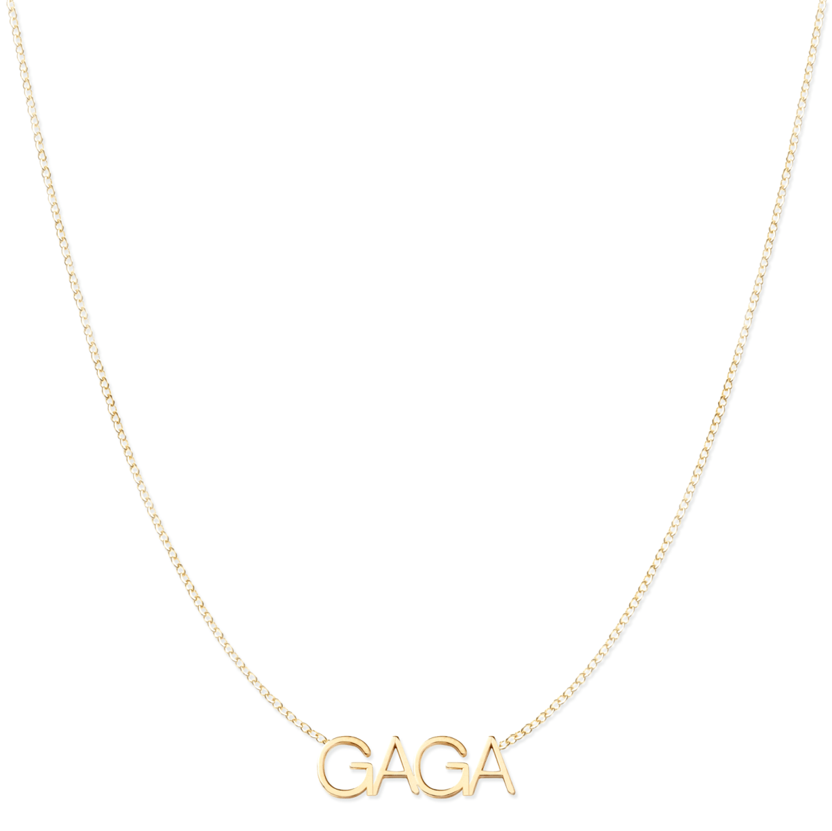 A GAGA Necklace in yellow gold on a cable chain on a white background.
