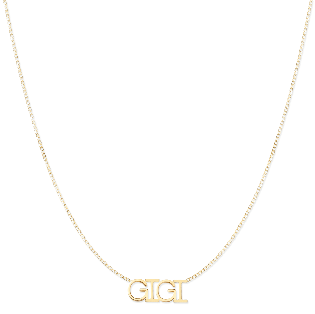 A GIGI Necklace in yellow gold on a cable chain on a white background. 