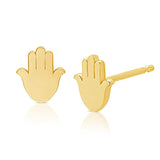 A pair of Charm Studs - Hamsa in yellow gold on a white background.