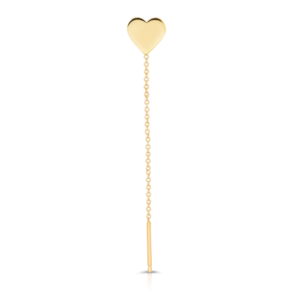 A 14K Gold Charm Threader Earring in heart and yellow gold on a white background. 