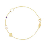A yellow gold Custom Gold Bracelet - 4 Letters, with two letters C and S, an amethyst birthstone and a heart charm, on a white background.