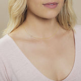 Close-up of a woman's neck wearing a gold necklace with a letter G charm. 