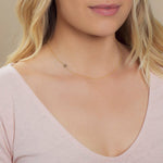 Close-up of a woman's neck wearing a yellow gold necklace with a letter M charm. 