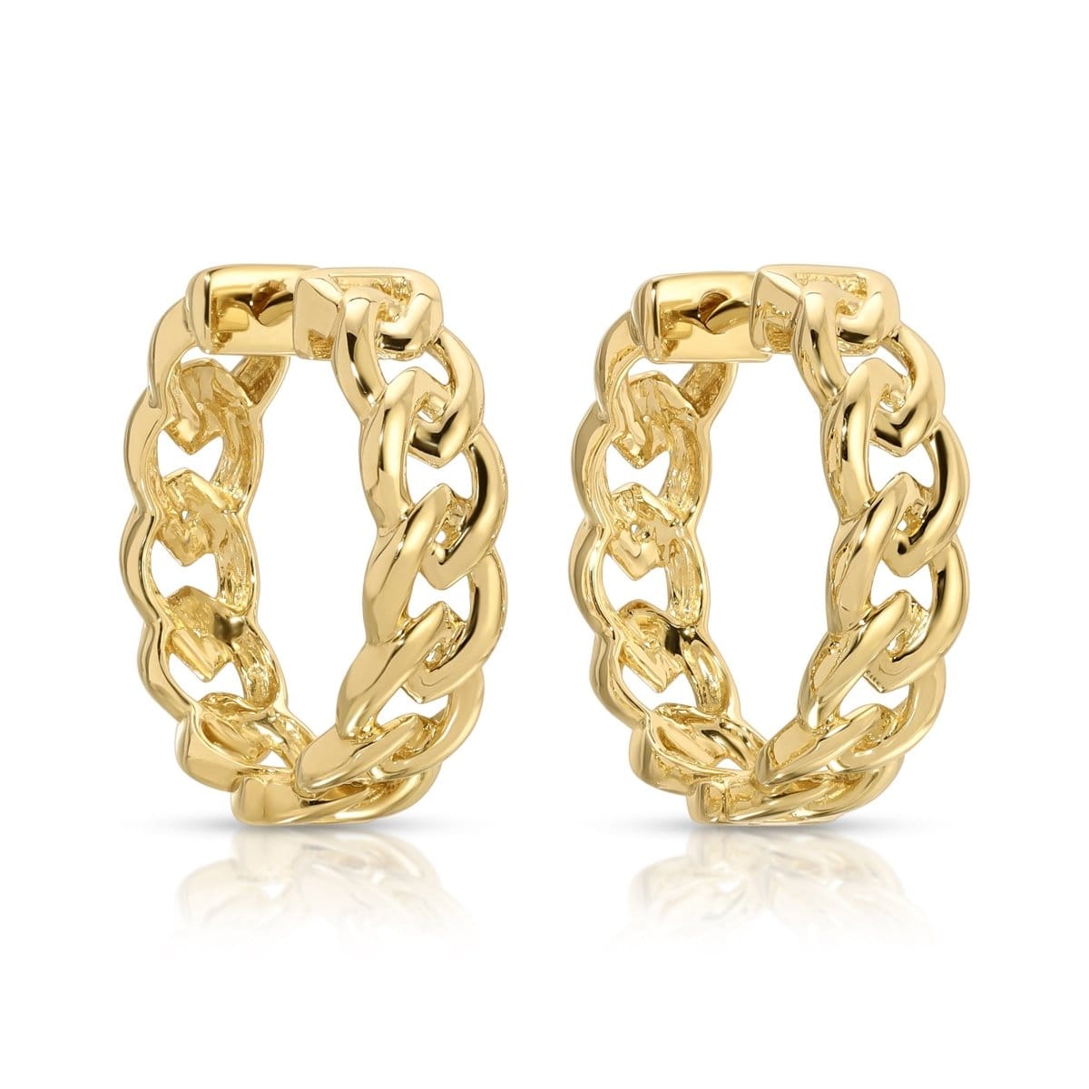 A pair of Link Hoops in yellow gold on a white background. 
