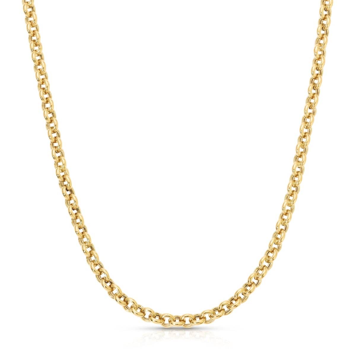 A yellow gold Rolo Necklace on a white background. 
