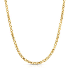 A yellow gold Rolo Necklace on a white background. 