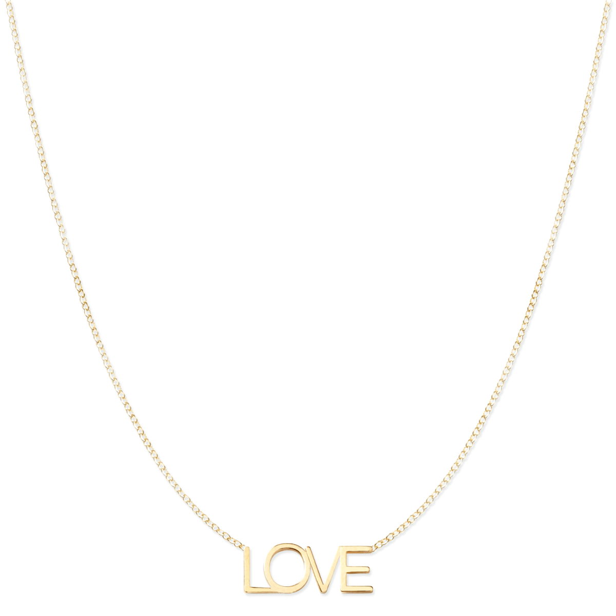 A LOVE Necklace in yellow gold on a cable chain on a white background. 