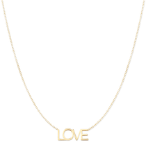 A LOVE Necklace in yellow gold on a cable chain on a white background.
