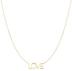 A LOVE Necklace in yellow gold on a cable chain on a white background. 