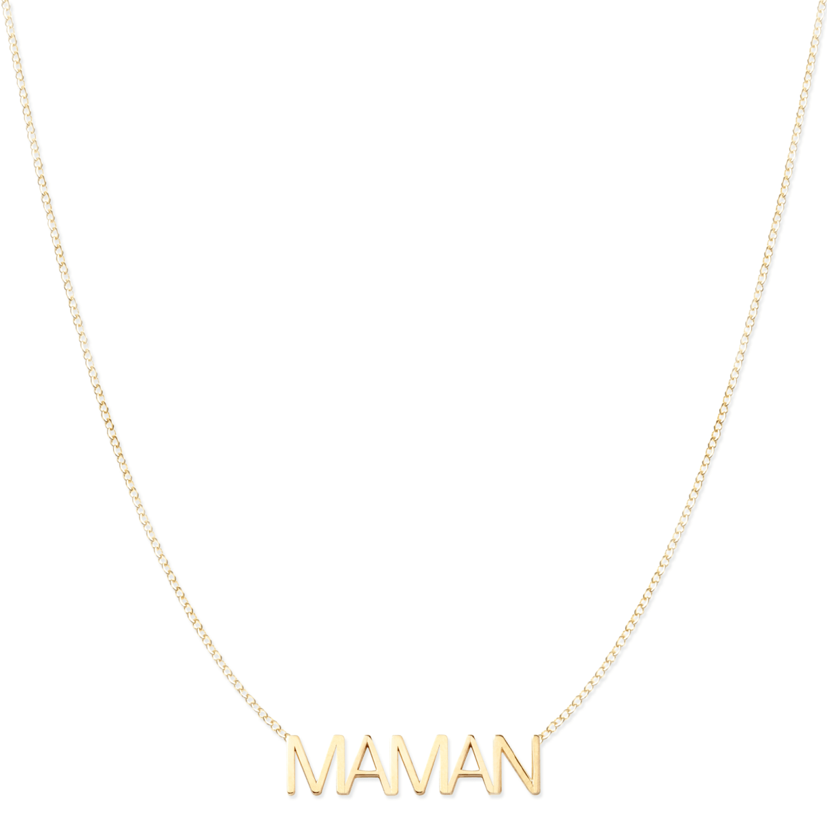 A MAMAN Necklace in yellow gold on a cable chain on a white background.