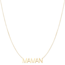 A MAMAN Necklace in yellow gold on a cable chain on a white background.