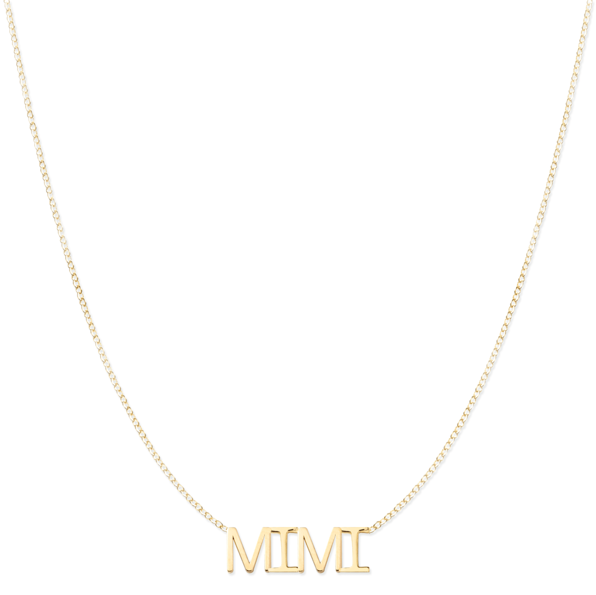 A MIMI Necklace in yellow gold on a cable chain on a white background.