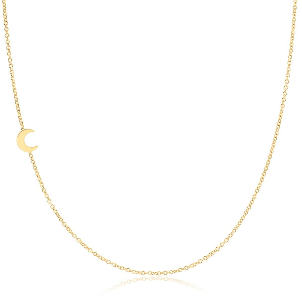 A yellow gold 14k Gold Asymmetrical Charm Necklace - Moon with a cable chain on a white background. 