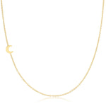 A yellow gold 14k Gold Asymmetrical Charm Necklace - Moon with a cable chain on a white background. 