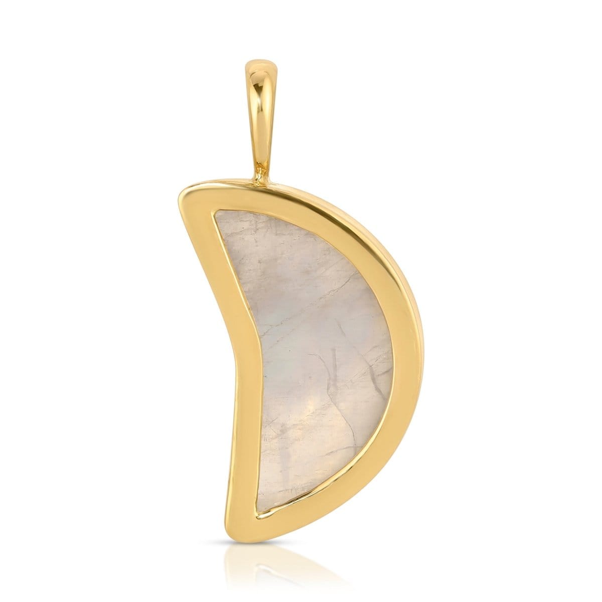 A Moonstone Crescent Charm on a white background. 